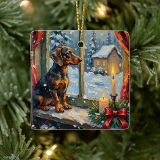 Vintage Dachshund by Cozy Christmas Window Ceramic Ornament