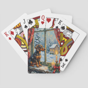 Vintage Dachshund by Cozy Christmas Window Playing Cards