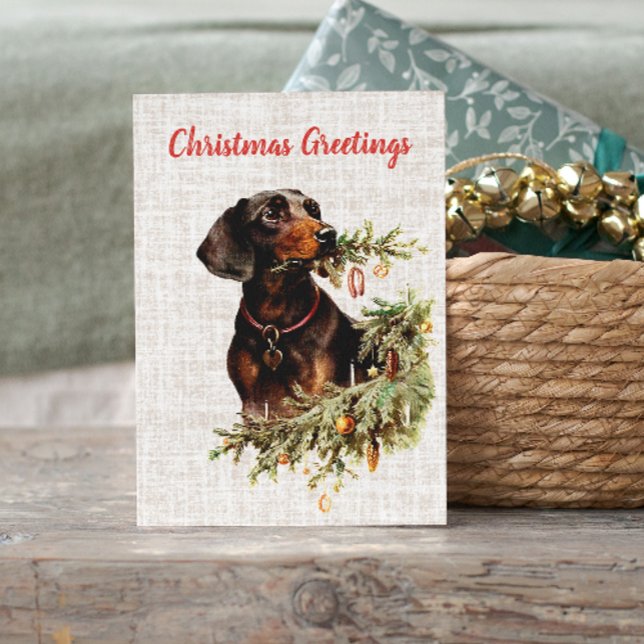 Vintage Dachshund Dog Rustic Christmas Greetings Holiday Card (Creator Uploaded)