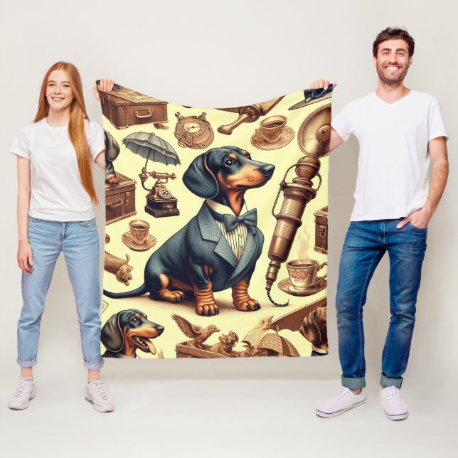 Vintage Dachshund Illustration Fleece Blanket (In Situ)
