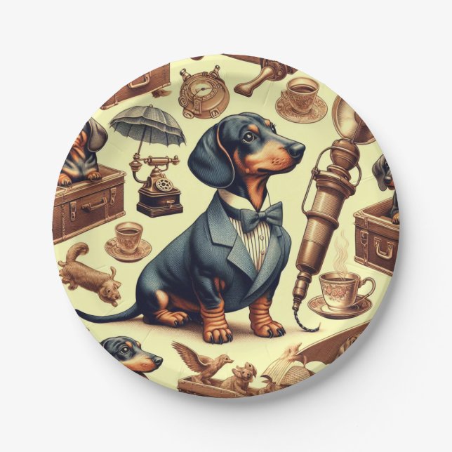 Vintage Dachshund Illustration Paper Plate (Front)