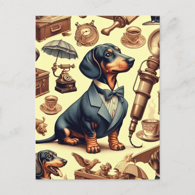 Vintage Dachshund Illustration Postcard (Front)