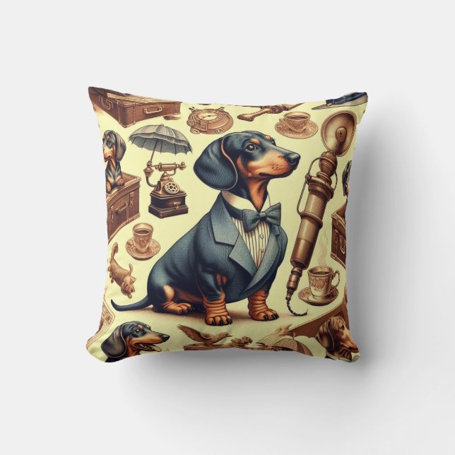 Vintage Dachshund Illustration Throw Pillow (Front)