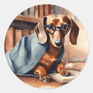Vintage Dachshund in the Old Library Classic Round Sticker