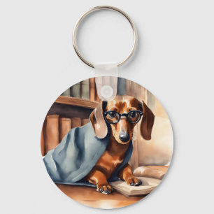 Vintage Dachshund in the Old Library Keychain