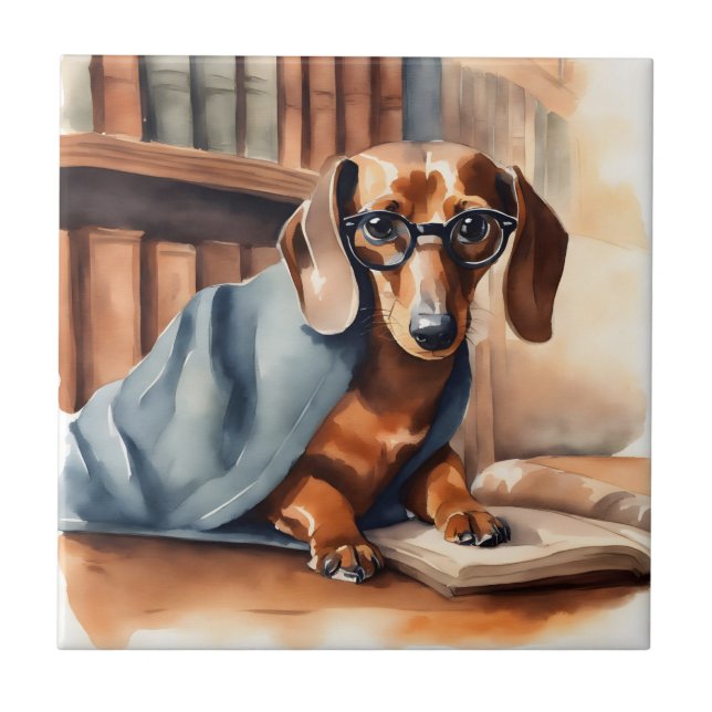 Vintage Dachshund in the Old Library Tile (Front)
