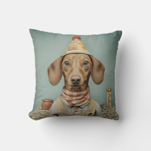 Vintage Dachshund Portrait with Party Hat Throw Pillow