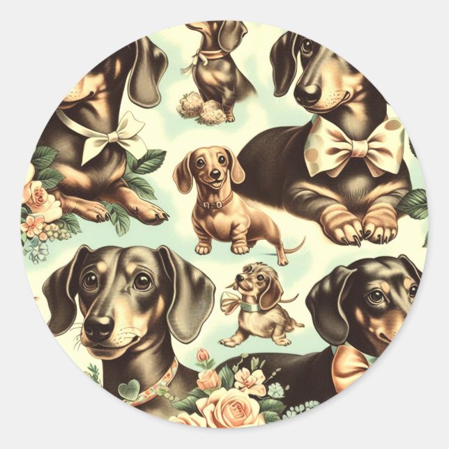 Vintage Dachshund Seamless Painting Classic Round Sticker (Front)