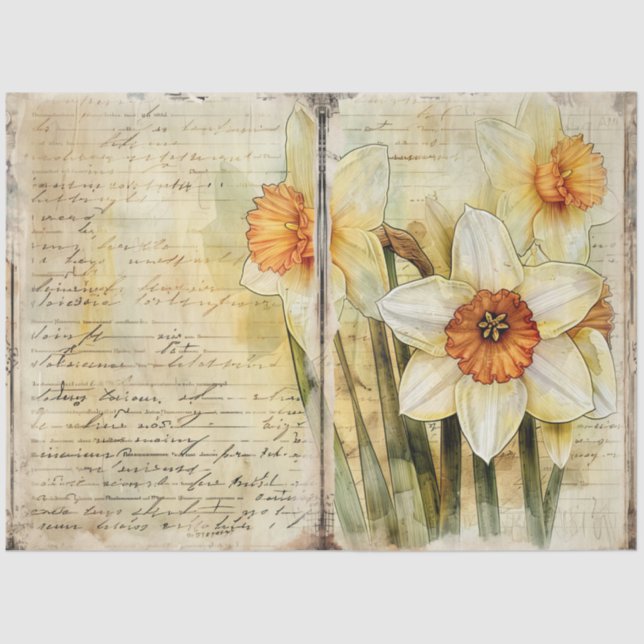 Vintage Daffodil Junk Journal Pages Decoupage Tissue Paper (Front)