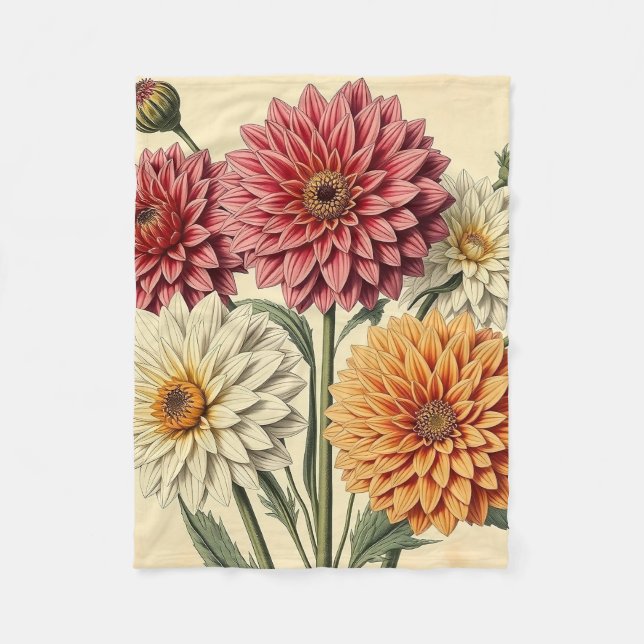 Vintage Dahlia on Weathered Paper Fleece Blanket (Front)
