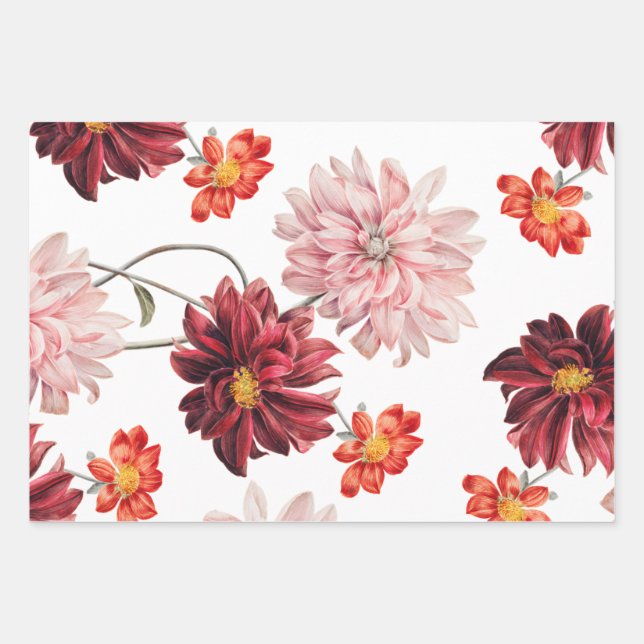 Vintage Dahlias botanical wrapping paper sheets (Front)