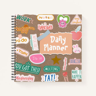 Vintage Daily Planner with stickers, customizable. Notebook