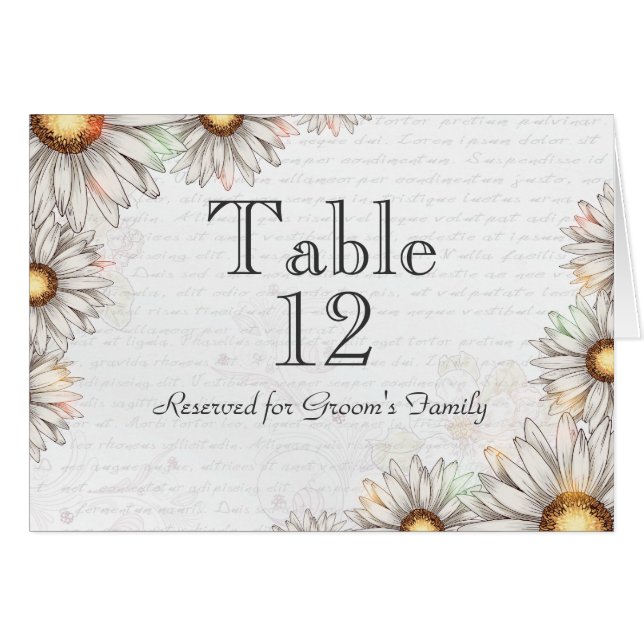 Vintage Daisies & Writing Wedding Table Number (Front Horizontal)