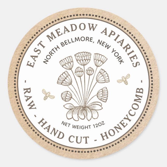 Vintage Daisy and Bee Honeycomb Label on Kraft (Front)