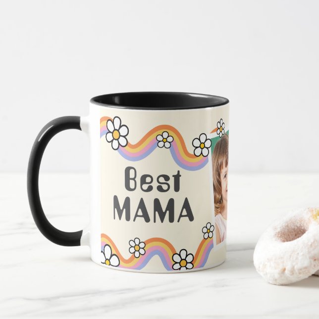 Vintage Daisy Boho Rainbow Personalized Photo Mug (With Donut)