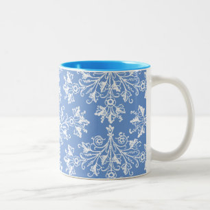 Vintage Daisy Damask Etching White on Blue Mug