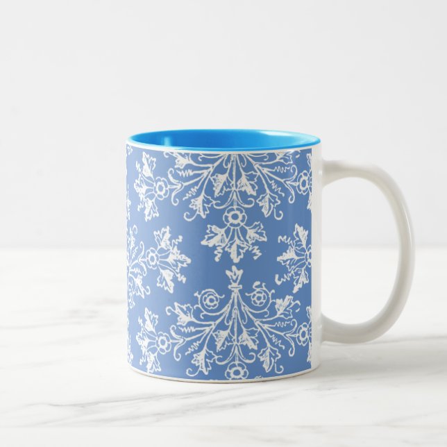 Vintage Daisy Damask Etching White on Blue Mug (Right)