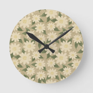 Vintage Daisy Floral in Sage Green and Cream Round Clock