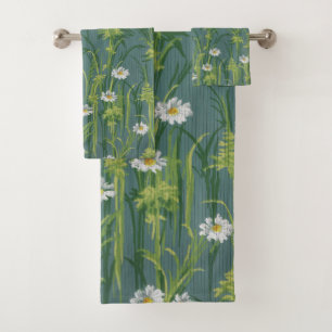 Vintage Daisy Floral on Teal Grey Pin-stripes Bath Towel Set