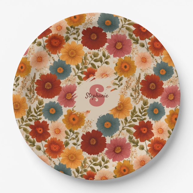 Vintage Daisy Floral Pattern Paper Plate (Front)