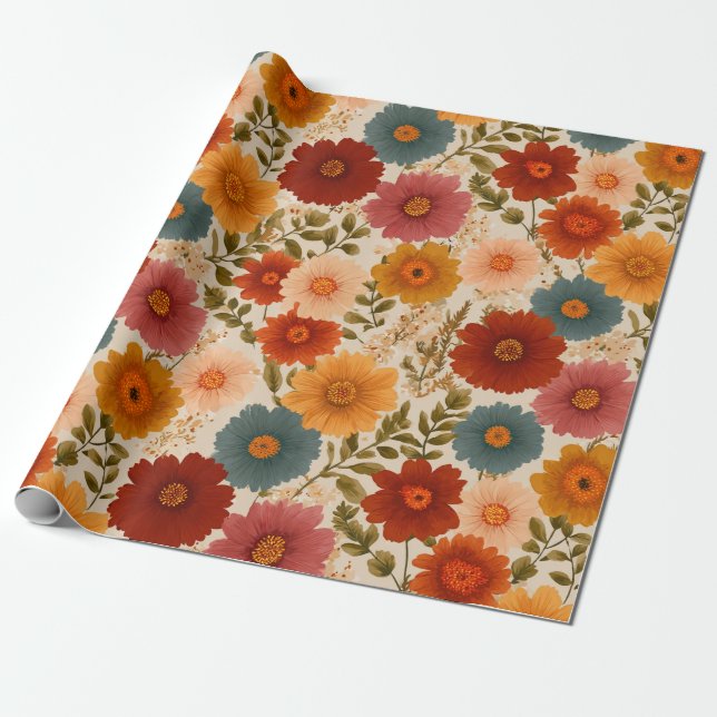 Vintage Daisy Floral Pattern Wrapping Paper (Unrolled)