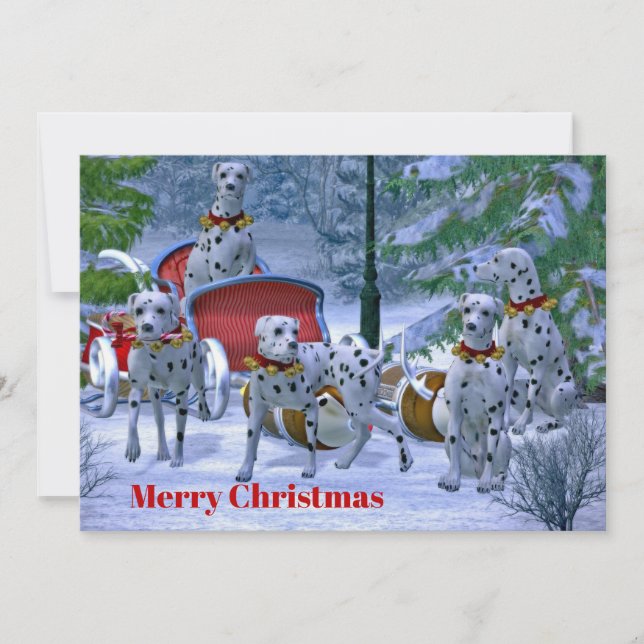 Vintage Dalmatian Sleigh Snow Christmas Flat Holiday Card (Front)