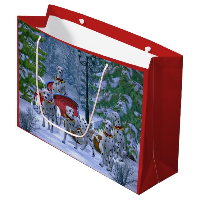 Vintage Dalmatian Sleigh Snow Christmas Large Gift Bag (Front Angled)