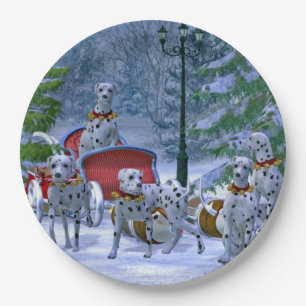 Vintage Dalmatian Sleigh Snow Christmas Paper Plate