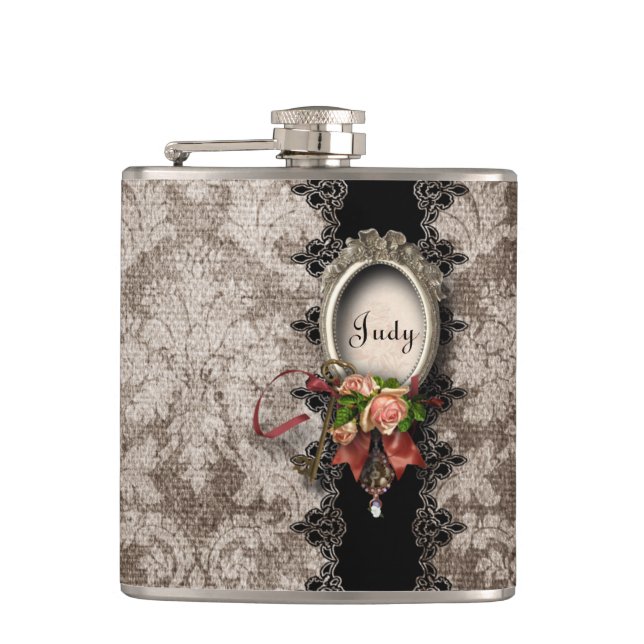 Vintage Damask and Roses Hip Flask (Front)
