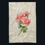 Vintage Damask and Roses Kitchen Towel<br><div class="desc">Elegant linen damask and ornate swirls embellish vintage pink roses from an antique floral lithograph.</div>