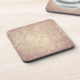 Vintage damask and script gold pink distressed coaster