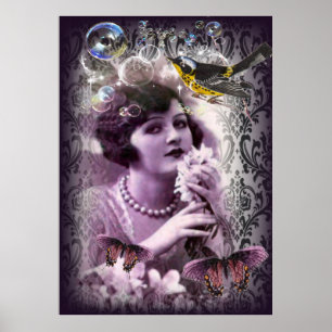 Vintage damask art deco gatsby Flapper Girl Poster