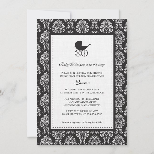 Vintage Damask Baby Carriage Baby Shower Invitation (Front)