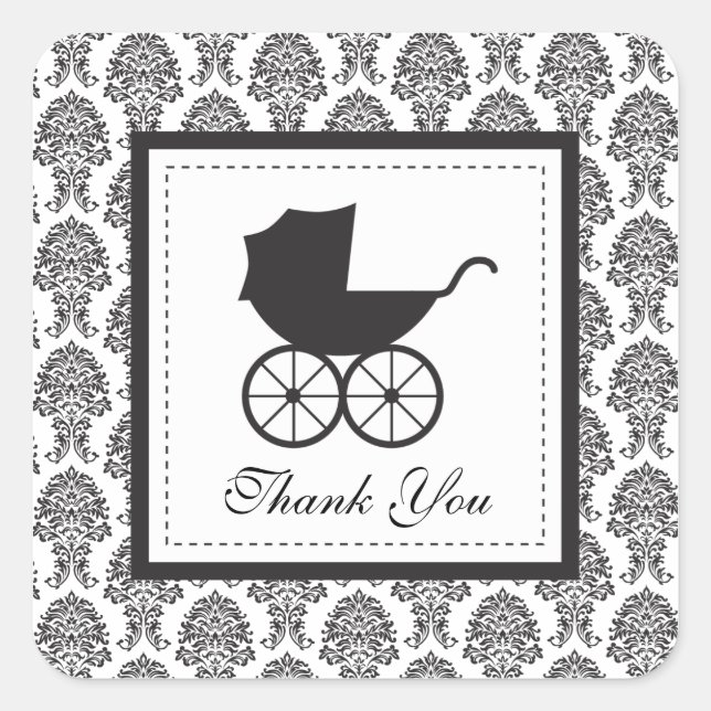 Vintage Damask Baby Carriage Baby Shower Square Sticker (Front)