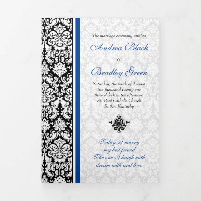 Vintage Damask Blue Black Tri-Fold Wedding Program (Cover)