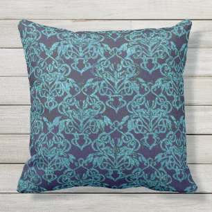 vintage,damask,blue,floral,pattern,teal,chic,moder outdoor pillow