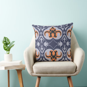 Vintage Damask - Blue Orange Elegant Pattern Throw Pillow