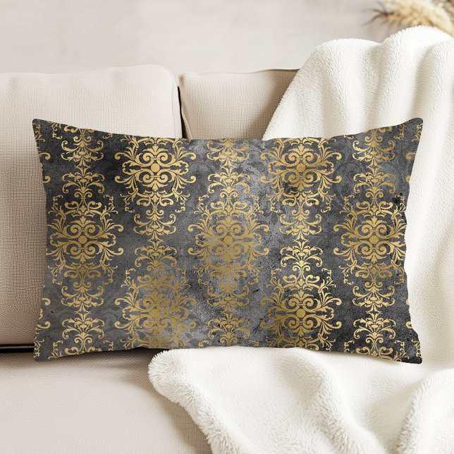 Vintage Damask Charcoal and Gold Distressed Accent Pillow (Creator Uploaded)