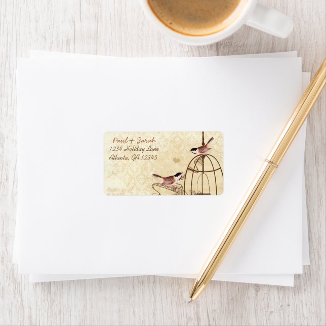 Vintage Damask Chickadees Brown Bird Cage Label (Insitu)
