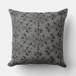 Vintage Damask Daisy Floral Black Grey Throw Pillow