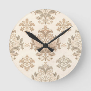 Vintage Damask Elegant Beige French Farmhouse Round Clock