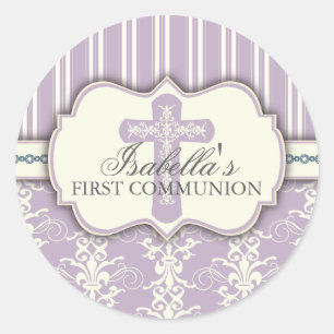 Vintage Damask First Communion Sticker Purple