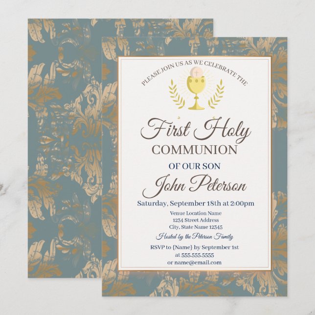 Vintage Damask First Holy Communion  Invitation (Front/Back)