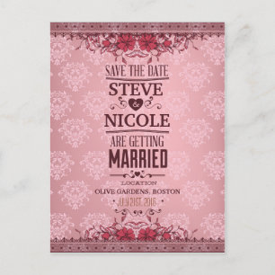 Vintage Damask Floral Wedding Save The Date Announcement Postcard