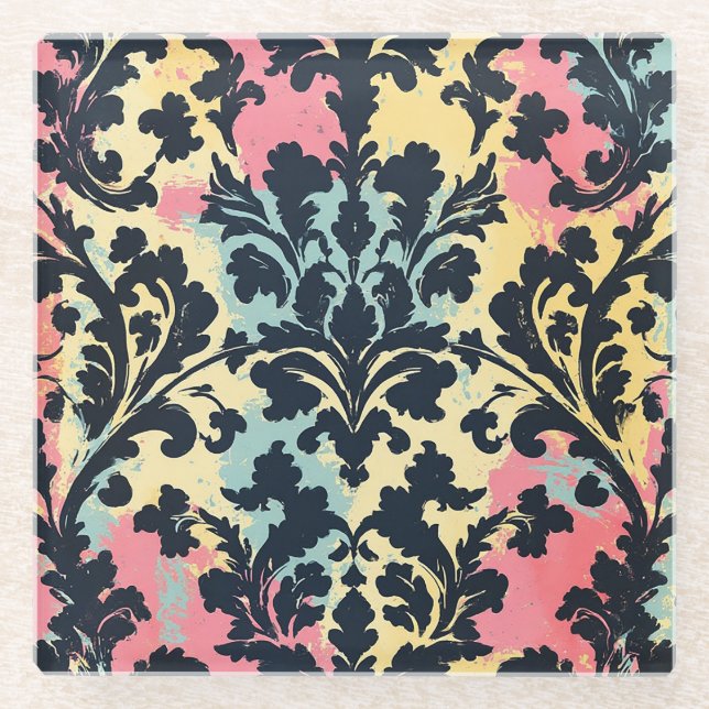 Vintage Damask Flourish Pattern Glass Coaster (Front)