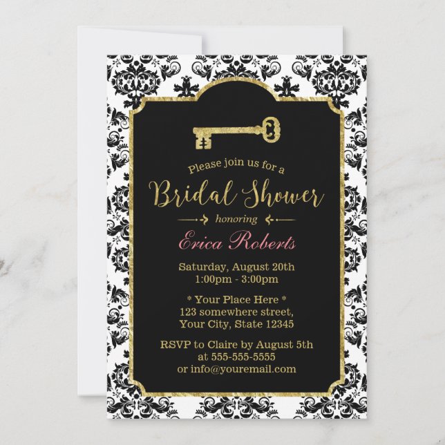 Vintage Damask Gold Skeleton Key Bridal Shower Invitation (Front)