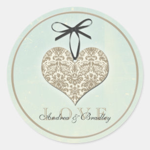 Vintage Damask Heart Mint Personalized Wedding Classic Round Sticker