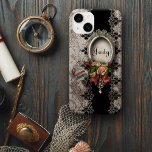 Vintage Damask iPhone 7 case<br><div class="desc">Elegant formal design featuring ornate silver frame with space for customization, cluster of vintage roses in pink and burgandy with ribbon, antique skeleton key and hanging jewelled portrait pendant. Background features distressed black and linen damask with ornate sculpted borders. Note: Sculpted, engraved, embossed and dimensional effects, layered, aged or eroded...</div>
