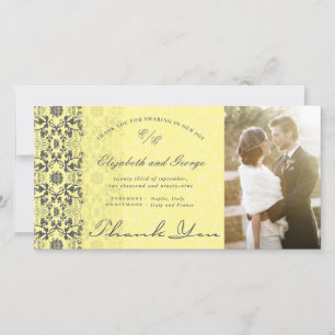 Vintage Damask Lace Yellow & Grey Photo Wedding Thank You Card