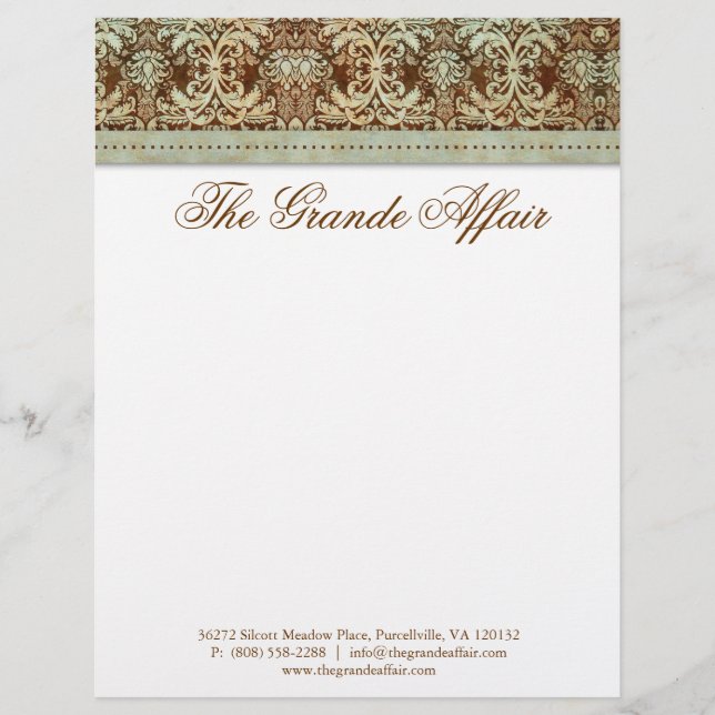 Vintage Damask Letterhead Brown Green (Front)